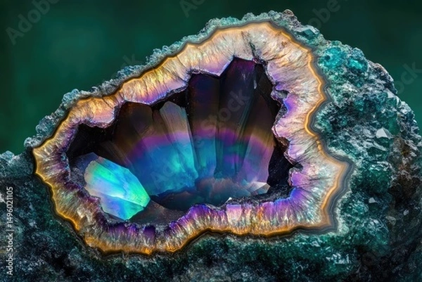 Fototapeta Iridescence agate geode with vibrant rainbow colors and a unique crystalline structure.