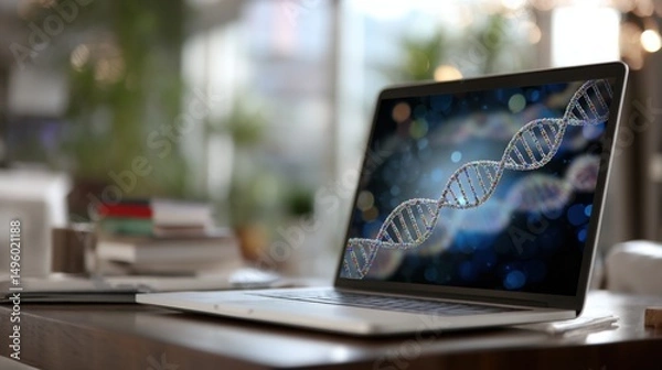 Fototapeta A modern laptop with a DNA double helix model on the screen, sitting on top of a desk in a bright and airy office space, symbolizing advanced medical technology for gene-related narratives.