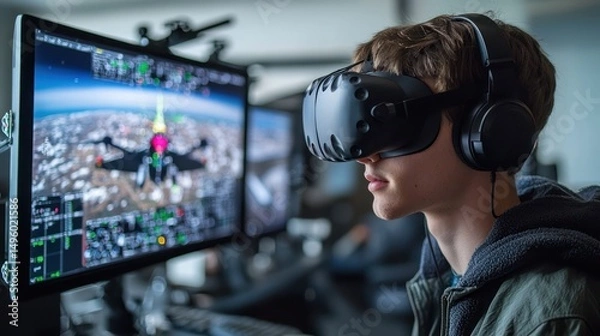 Fototapeta Teenager using VR headset for flight sim training