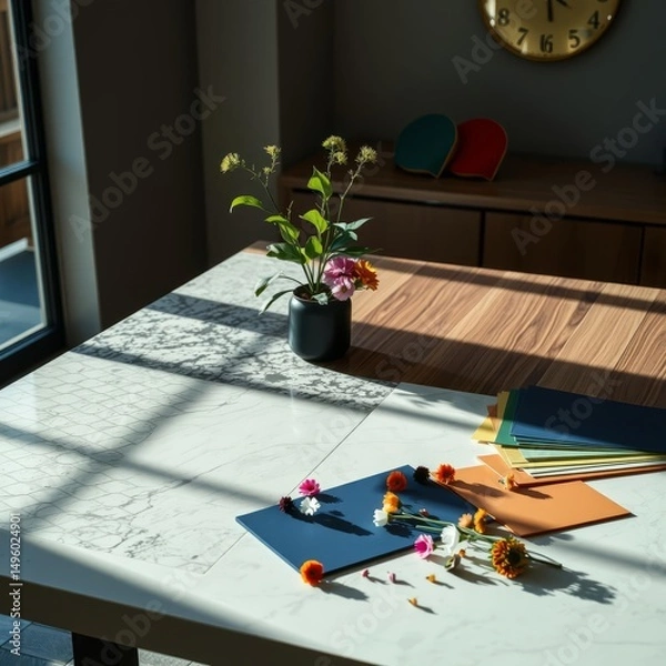 Obraz A meticulously crafted table bathed in natural light showcases a diverse array of materials including the cool elegance of granite and marble tiles the warmth of walnut and ash wood laminate and the v