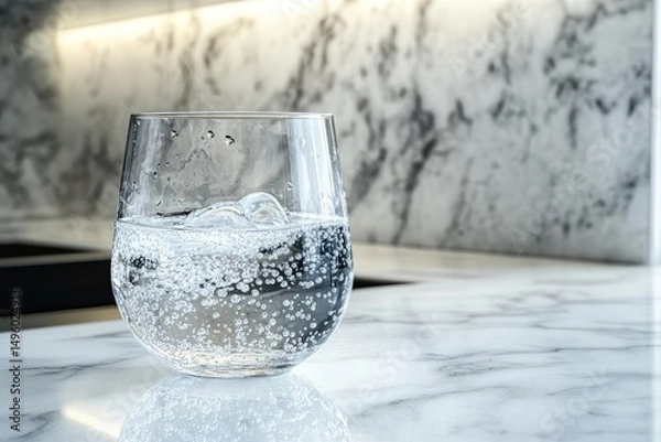 Fototapeta A glass of sparkling water sits on a marble countertop, bubbles rising to the surface.