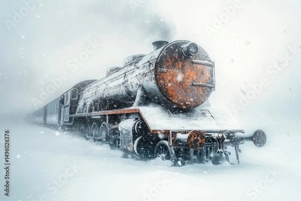 Fototapeta A rusty, snow-covered steam train struggles through a blizzard, a scene of winter isolation and vintage travel.
