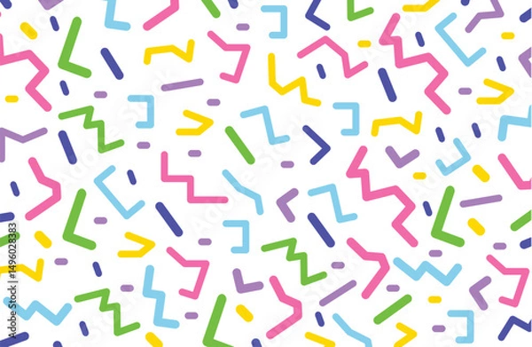 Fototapeta Seamless Memphis-style geometric pattern featuring playful, retro 80s and 90s elements. Includes simple shapes like , arrows, triangles, circles, zigzags, spirals, and wavy lines..