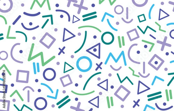 Fototapeta Modern set of basic shapes including arrow, triangle, circle,  zigzag, spiral, and wavy lines. Stylish Memphis-inspired geometric pattern. Fun and abstract retro background in 80s and 90s.