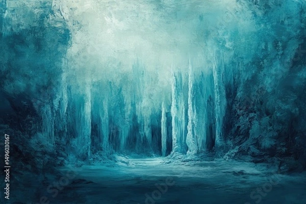 Fototapeta A mystical icy landscape with towering frozen formations resembling a path into a winter wonderland.