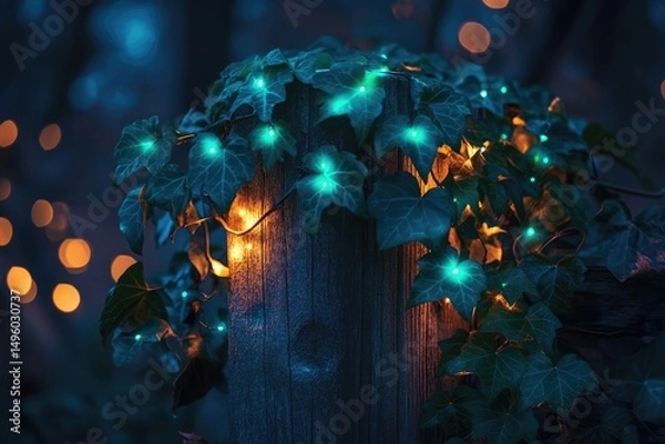 Fototapeta Enchanted ivy-covered post illuminated by warm and teal fairy lights at night.