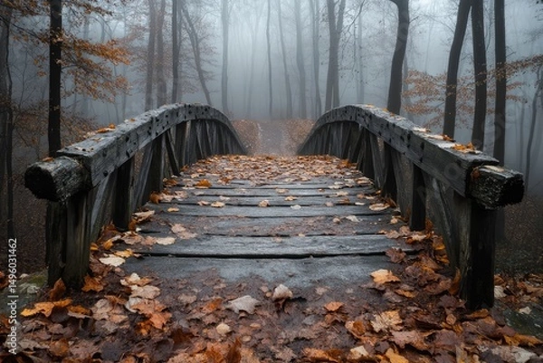 Fototapeta An old wooden bridge covered in autumn leaves leads into a misty forest.