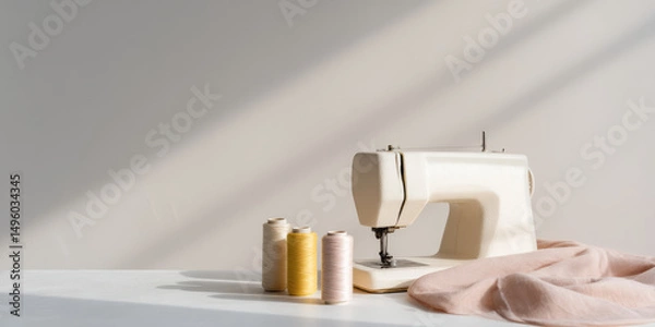 Obraz A sewing machine sits on a table next to spools of thread and fabric. Home sewing setup, creativity, crafting, hobby