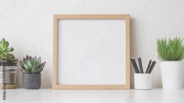 Fototapeta Mock-Up Frame with Succulent Flowers on White Desk