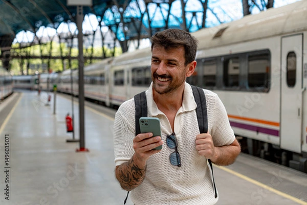 Fototapeta Happy tourist using mobile phone at railway station while waiting for train, holding his backpack