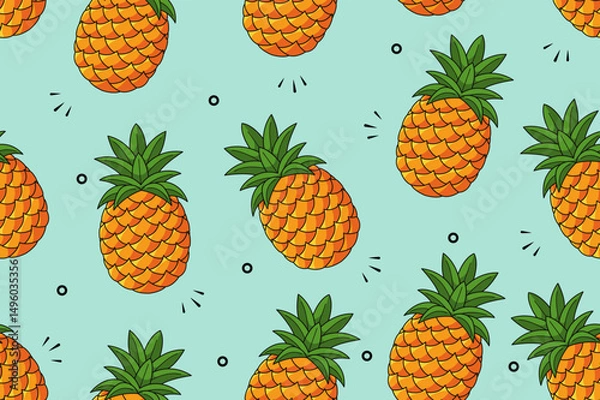 Fototapeta pattern, seamless, pineapple, tropical, vector, background, summer, illustration, fruit, exotic, print, food, wallpaper, fabric, textile, design, nature, leaf, green, decoration, art, texture, juicy, 