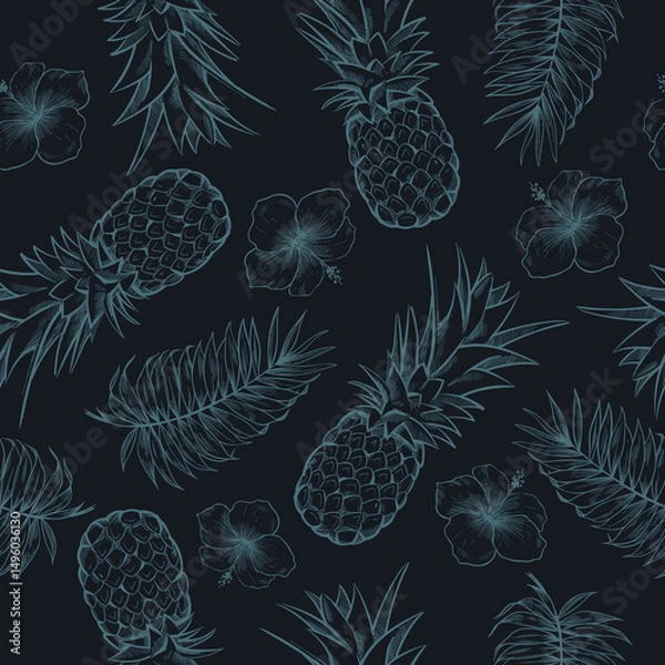 Fototapeta pattern, seamless, pineapple, tropical, vector, background, summer, illustration, fruit, exotic, print, food, wallpaper, fabric, textile, design, nature, leaf, green, decoration, art, texture, juicy, 