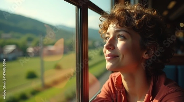 Obraz Curious traveler enjoys beautiful scenery while on a scenic train journey through lush green landscapes and distant hills Generative AI