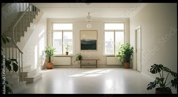 Fototapeta Bright and empty modern house interior with a large window