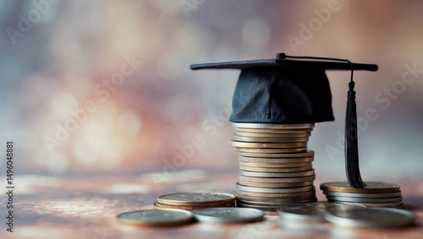 Fototapeta Graduation cap resting on a stack of coins symbolizes the value of education and investment in knowledge