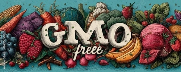 Fototapeta GMO-free concept illustrated with vibrant fruits and vegetables on a teal background