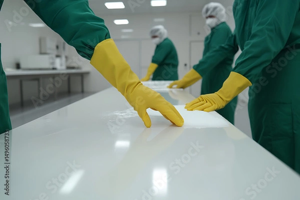 Fototapeta Sanitation workers meticulously cleaning a pristine white surface, ensuring hygiene in a controlled environment with focus on meticulous sanitization.