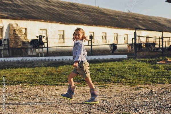 Obraz Smiling farmer kid walking on a farm in summer. Happy childhood in the countryside. Happy summertime