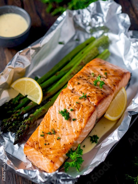Obraz A piece of salmon alongside asparagus on foil, showcasing a healthy meal prep option.
