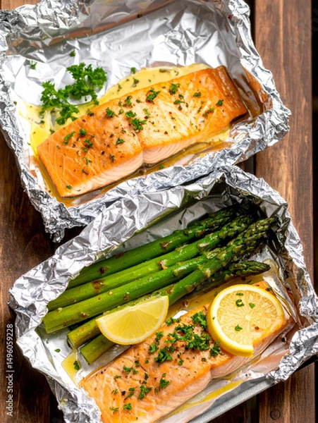 Obraz Baked salmon fillets with fresh herbs, lemon slices, and asparagus in aluminum foil on a rustic wooden table, healthy seafood dinner.