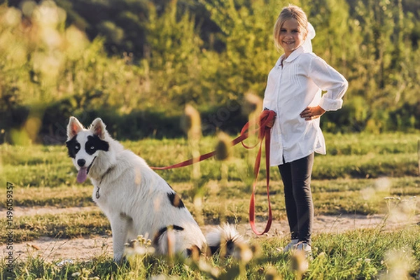 Obraz Little smiling girl in white shirt walking with her pet dog outdooors on nature in summer. Happy childhood concept