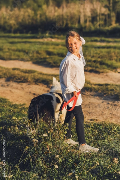 Obraz Little smiling girl in white shirt walking with her pet dog outdooors on nature in summer. Happy summertime in the country