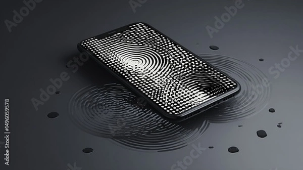 Obraz 3D render of a smartphone with a dot pattern on the screen, lying flat with water ripples around it, against a black background, with dots in the shape of a fingerprint.