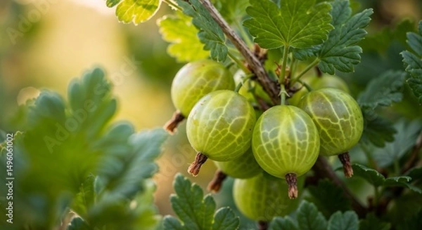 Fototapeta Cluster of green gooseberries hanging on a bush surrounded by lush leaves in soft sunlight