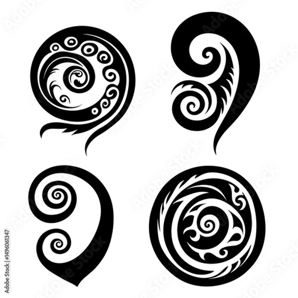Fototapeta A set of Maori style koru spiral swirls, icon minimalist style. Black and white vector illustration isolated on transparent background.	