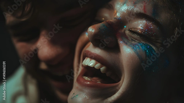 Obraz Close up of a woman laughing with glitter on her face and another person in the background