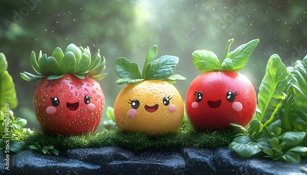 Fototapeta Three cute anthropomorphic fruit-like figures smiling on mossy stone, soft focus, nature setting
