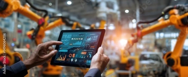 Fototapeta The tablet displaying analytics in an automated factory environment with robots.