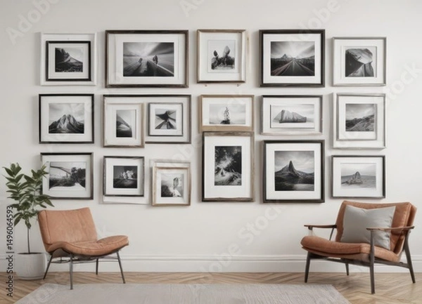 Fototapeta Stylish frame gallery wall; diverse frame shapes & sizes on white wall  Easy customization ,  element,  customizable,  visual