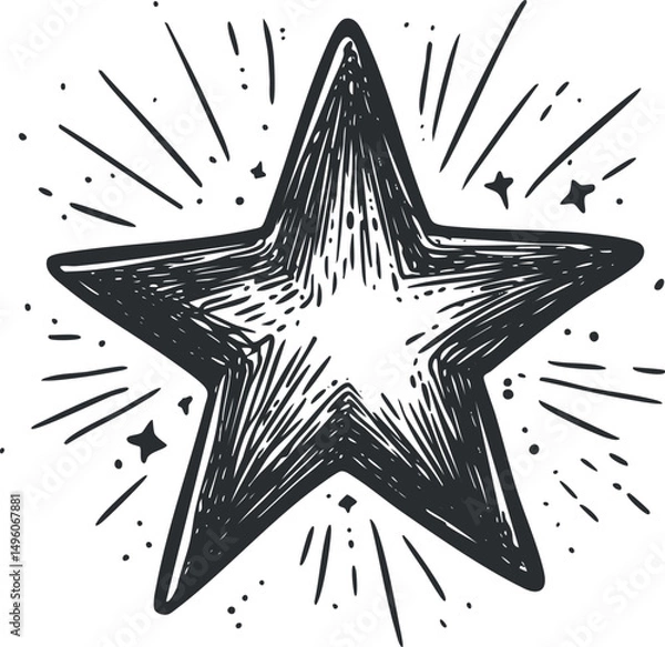 Fototapeta Vintage hand drawn black and white star illustration with shining burst and sparkle effects