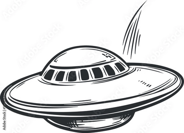 Fototapeta Black and white sketch illustration of a classic flying saucer UFO hovering in space