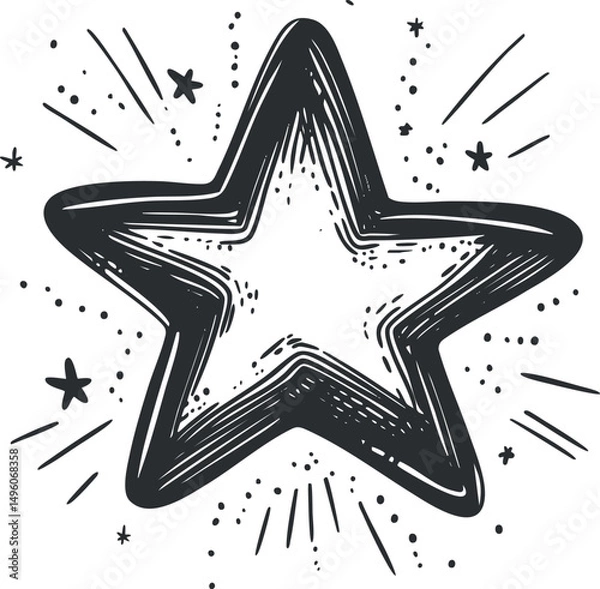 Fototapeta Hand-drawn black and white star illustration with decorative sparkles and bursts