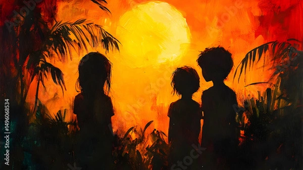 Fototapeta Three silhouetted figures gaze at a blazing orange sunset through palm trees in a textured, painterly tropical setting