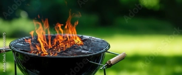 Fototapeta The charcoal grill with vibrant flames ready for summer cooking adventures