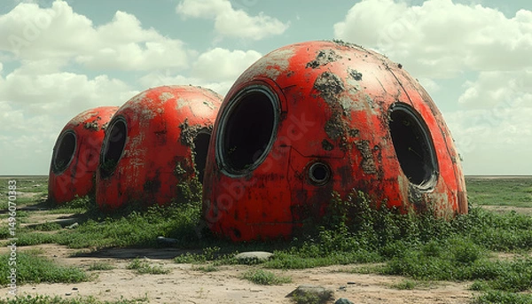 Obraz Three weathered, red, pod-like structures sit on a desolate plain with patchy grass under a cloudy sky