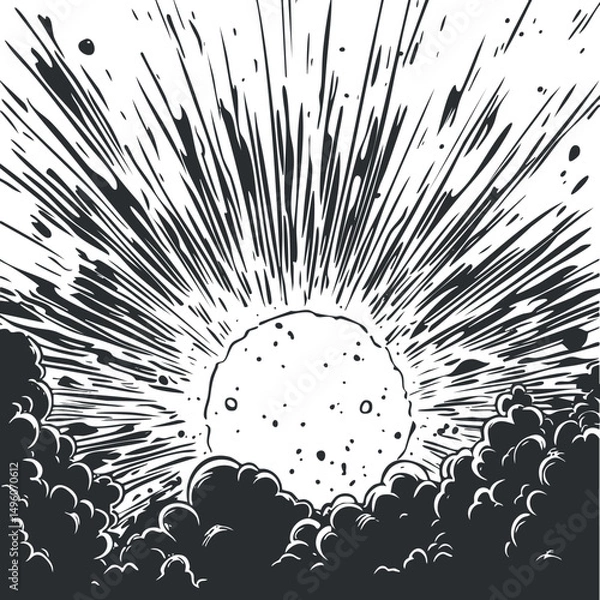 Fototapeta Black and white comic style explosion with dynamic blast and clouds illustrating power and destruction