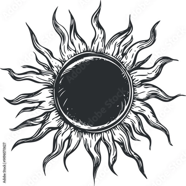 Fototapeta Black and white hand-drawn sun with stylized rays symbolizing solar energy and warmth