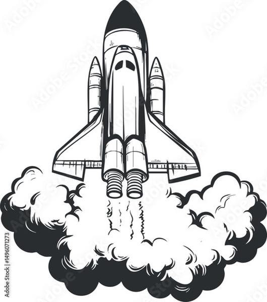 Fototapeta Black and white illustration of a space shuttle launching with smoke and engine flames during takeoff