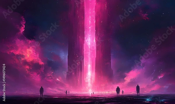 Fototapeta Towering magenta light beam pierces through cloudscape. Silhouetted figures stand at base