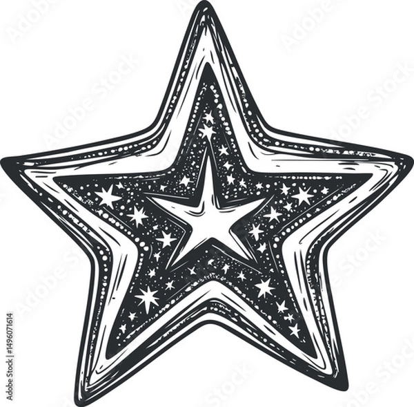 Fototapeta Black and white decorative star shape illustration with a textured, cosmic pattern inside