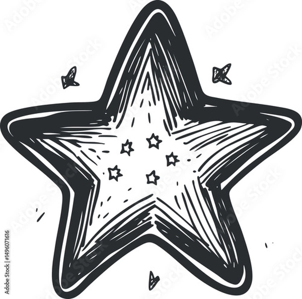 Fototapeta Hand drawn black and white five pointed star sketch with decorative lines and small stars around it