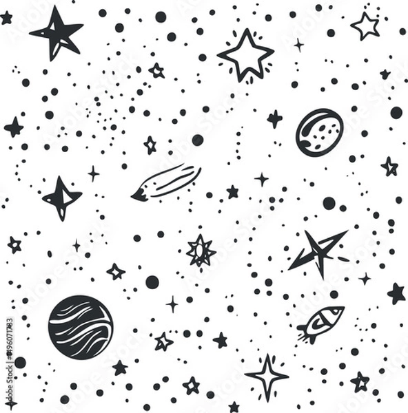 Fototapeta Hand drawn black and white space pattern with stars, planets, comets, and celestial bodies