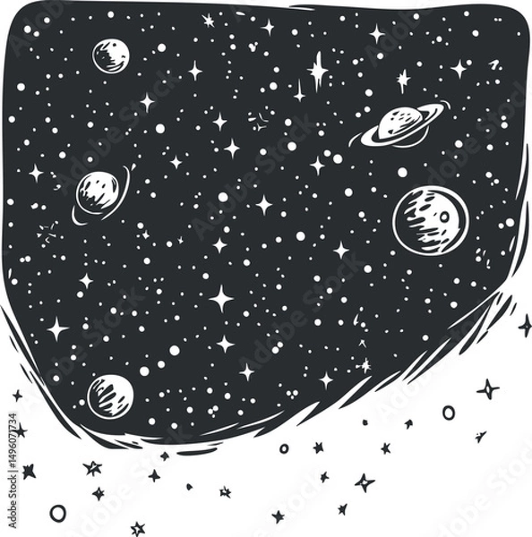 Fototapeta Black and white illustration of outer space with stars and various planets including a ringed planet