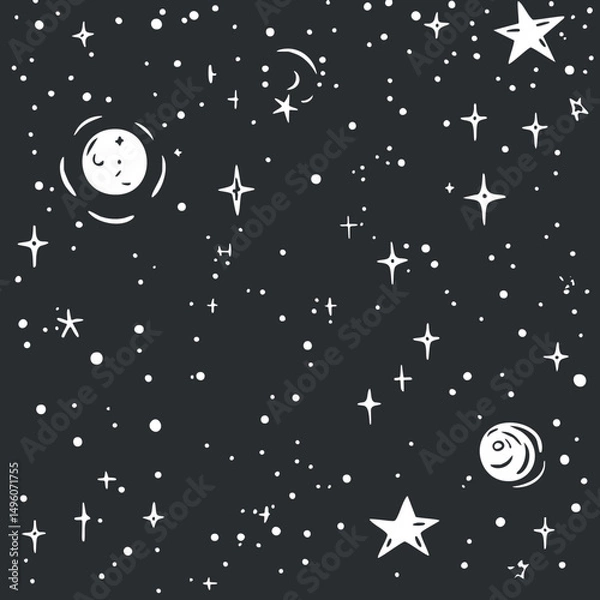 Fototapeta Hand-drawn black and white illustration of stars and moon in a starry night sky background