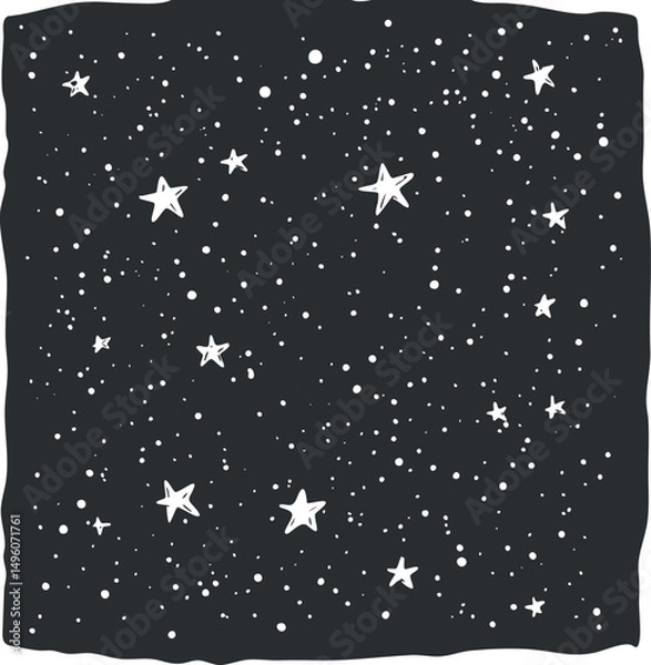 Fototapeta Hand-drawn black and white illustration of a starry night sky with scattered stars and dots