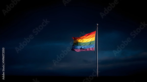 Obraz A vibrant rainbow pride flag waving proudly against a dark and moody blue sky background scene outdoors